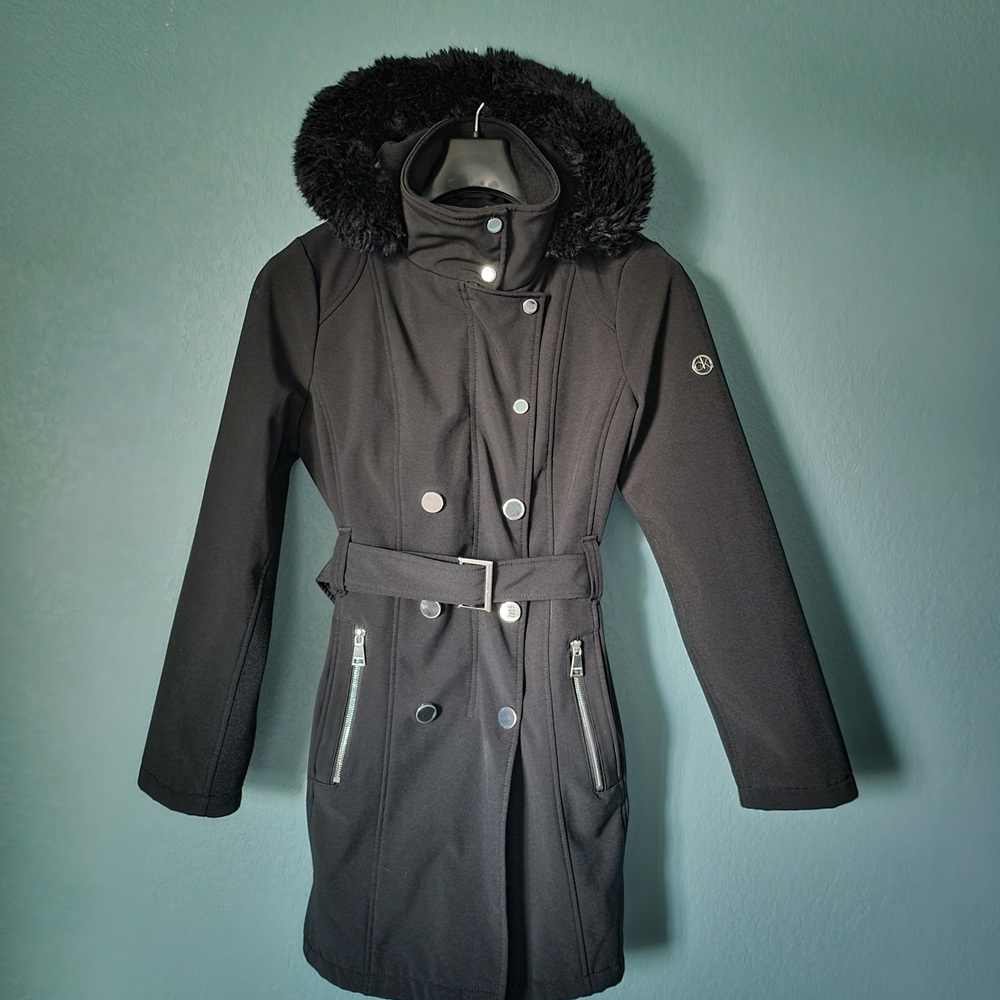 Calvin Klein Jet Black Trench Coat Jacket Collar Removable Faux Fur Hoodie M